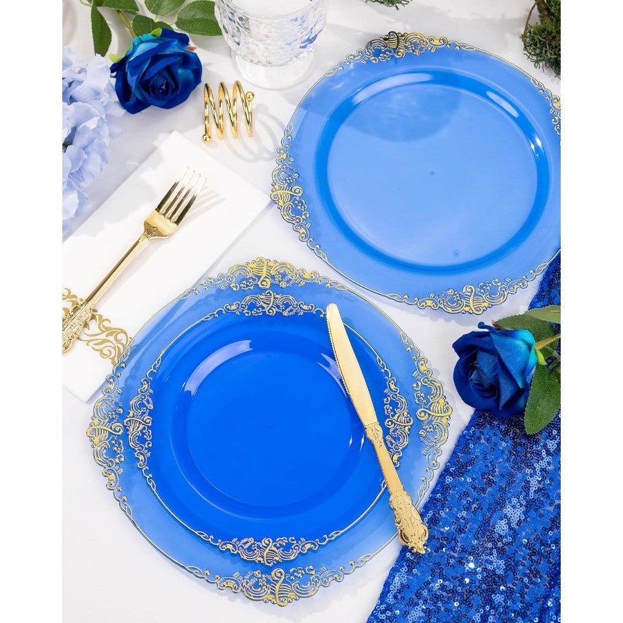 350 PEÇAS Pratos de Plástico Azul Kits de Louça de Plástico Azul para 50 Convidados 100 Pratos Descartáveis 150 Talheres Dourados 50 Copos 50 Guardanapos