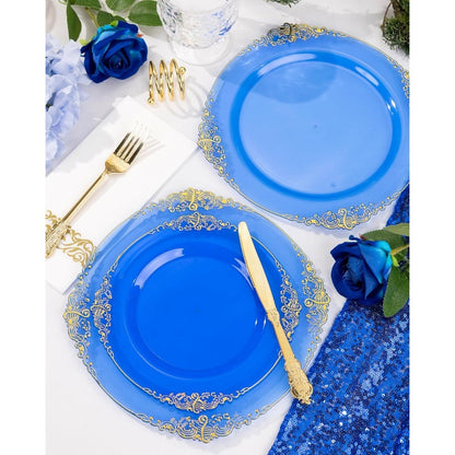 350 PEÇAS Pratos de Plástico Azul Kits de Louça de Plástico Azul para 50 Convidados 100 Pratos Descartáveis 150 Talheres Dourados 50 Copos 50 Guardanapos