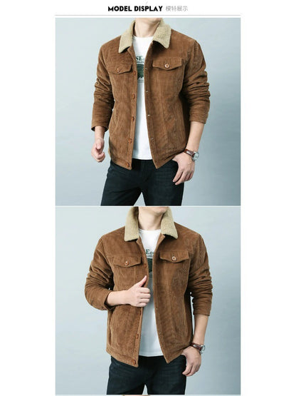 Male Cotton Jackets Padded Warm Loose Parka Coat Corduroy Short Jacket Man Solid Fur Collar Windbreaker Winter Men Fleece Jacket