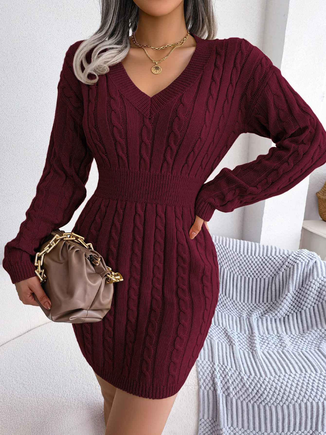 VigoCasey 2025 V Neck Casual Short Knit Dress Autumn Winter Women Solid Long Sleeve Dress Lady Khaki Bodycon Knitted Dresses