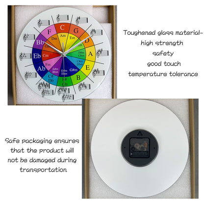 Personalized Music Five-Circle Music Theory Pattern Tempered Glass Wall Clock Living Room Bedroom Kitchen Home Decoration Wall Clock Silent Quartz Clock Holiday Gift 12 Inches 14 Inches 16inch (Without Batteries)