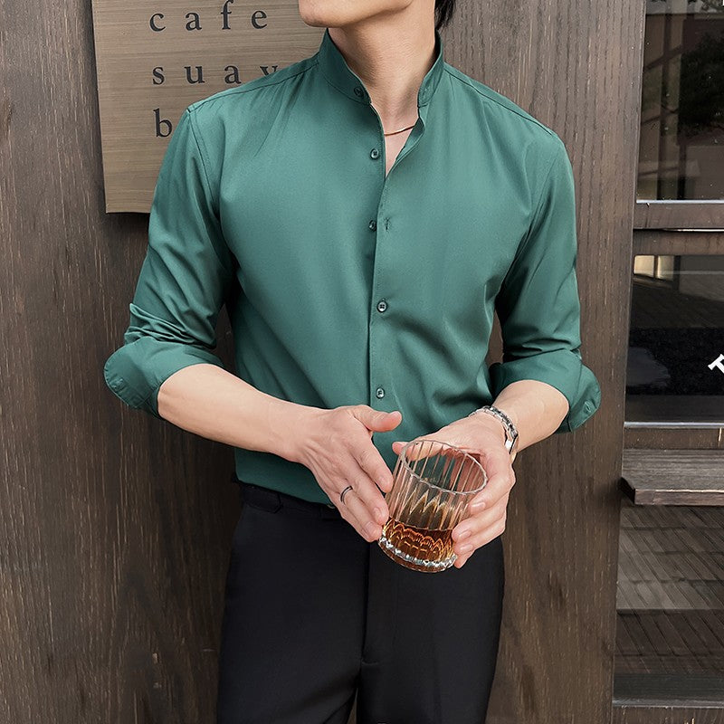 2025 Spring New Chinese Style High End Stand Up Collar Shirt Men's Long Sleeve Elastic Slimming Top Social Dress Shirt