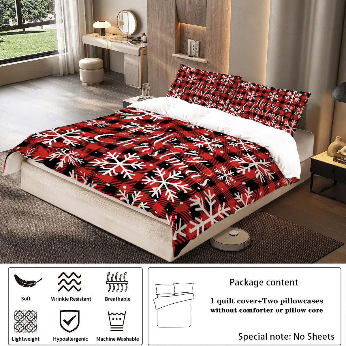 3-piece Christmas themed red checkered Christmas Happy English pattern print (1 duvet cover+2 pillowcases, no core) bedding set