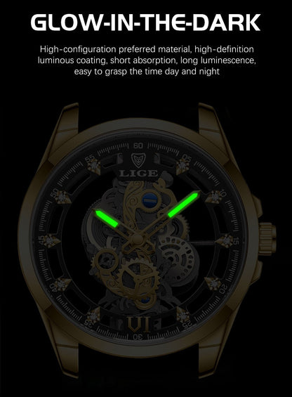 LIGE New Men Watch Skeleton Quartz Wristwatch Gold Skeleton Retro Man Watch Top Brand Luxury Clock Mens Watches Reloj Hombre