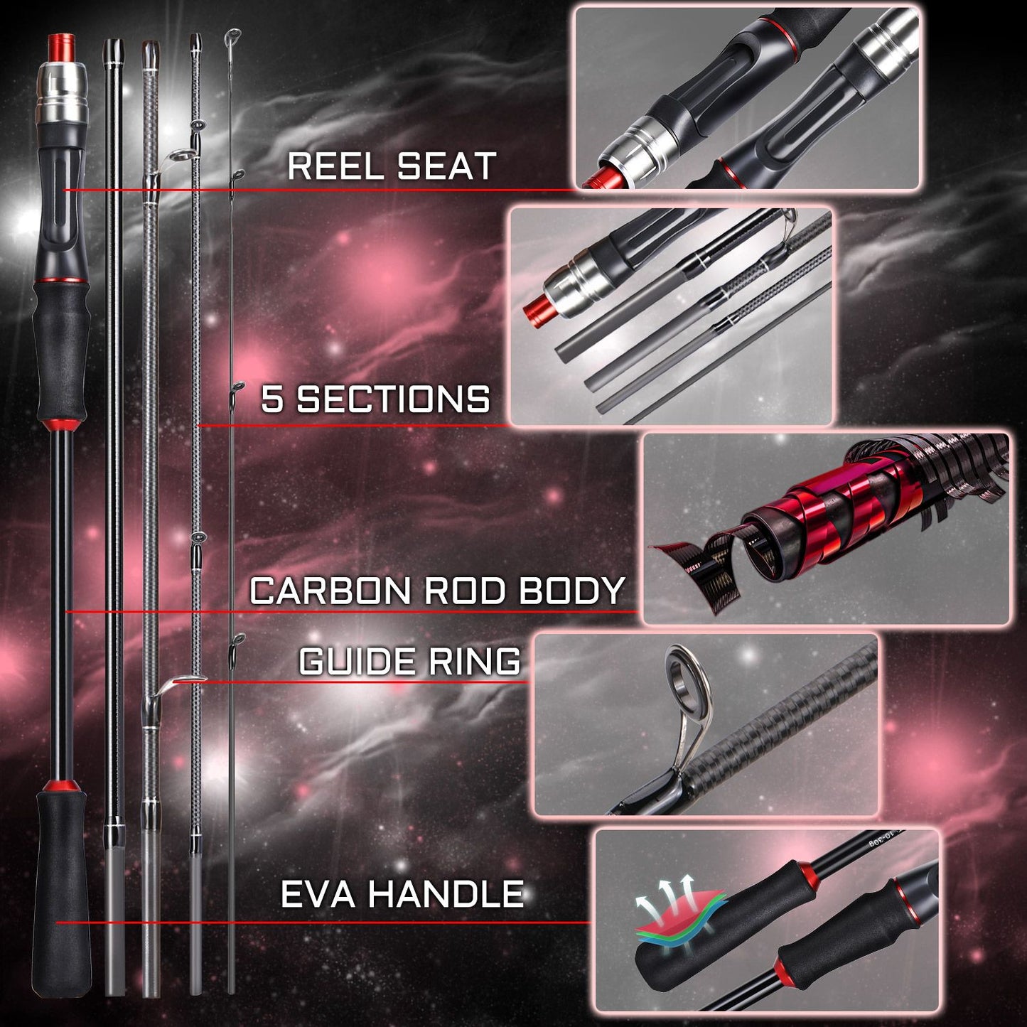 Sougayilang Fishing Rod 1.8/2..1m Spinning/Casting Rod Power M Carbon Rod Pole 5/6 Sections Travel Fishing Pole Fishing Tackle