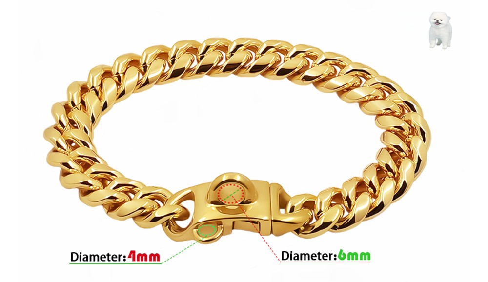 Coleira de Metal para Cães Aço Inoxidável Choker para Pets Corrente Cubana Dourada 14mm de Largura Guia para Cães Pequenos, Médios e Grandes Acessórios para Pets