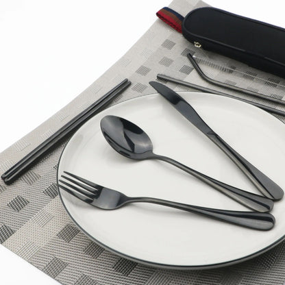 Travel Hiking Portable Dinnerware Set with Pouch Reusable Stainless Steel Straw Cutlery Knife Spoon Fork Chopsticks Silverware