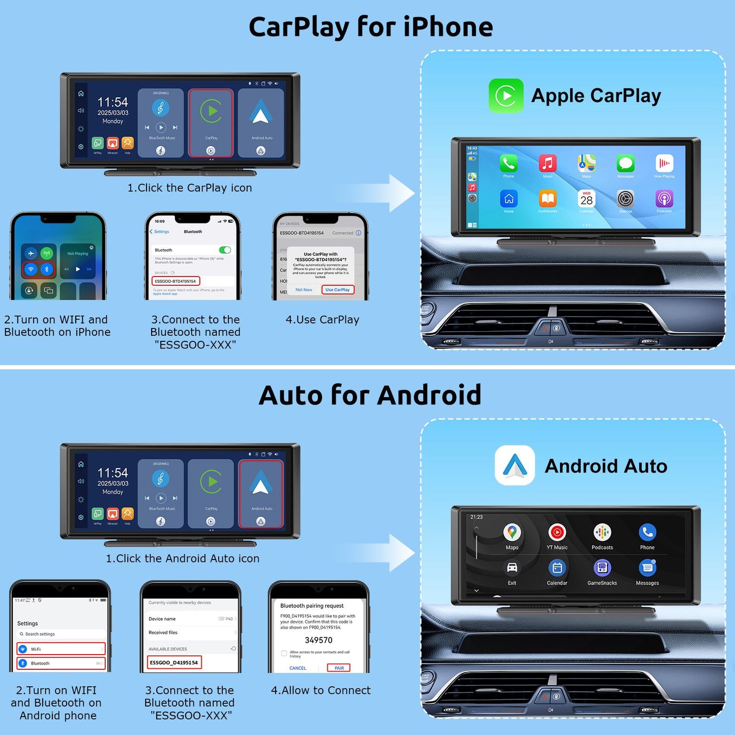 ESSGOO  8.1 inch Car Radio Multimedia Video Player Portable Stereo Wireless Carplay Android Auto For Universal Autoradio GPS WiF