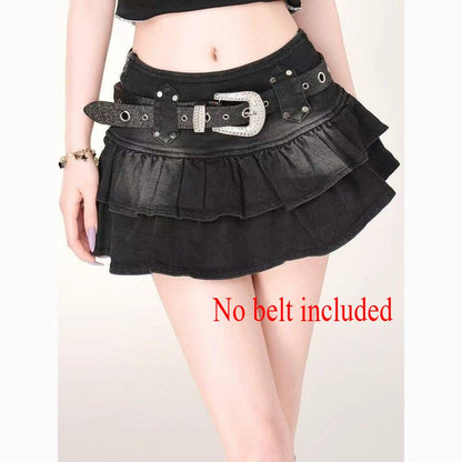 Women's Blue Black Riveted Belt Denim Skirt Y2K Harajuku High Street Fashion 90s Sexy A-line Mini Skirt Summer Clothing 2025 New
