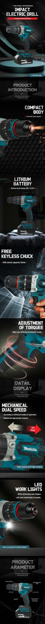 Furadeira de impacto/parafusadeira Makita DDF487 13mm, sem escova, bivolt, íon de lítio 18V, vermelho e preto, de alto torque