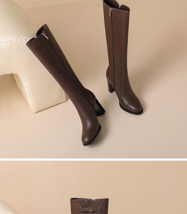 Ods Soft Cow Leather Black Knee High Boots Chunky Mid Heels Zipper Women's Long Boot Big Size Luxury Designer Sexy Shoes 4143 46