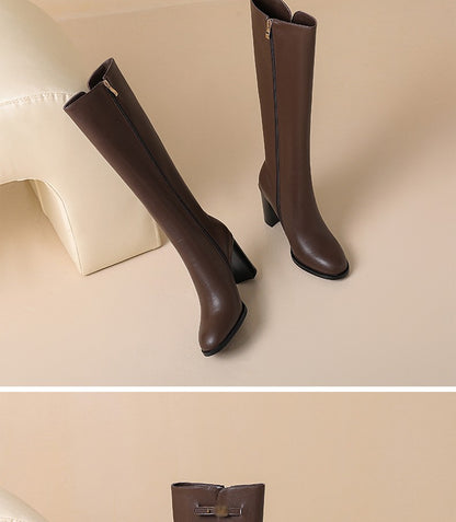 Ods Soft Cow Leather Black Knee High Boots Chunky Mid Heels Zipper Women's Long Boot Big Size Luxury Designer Sexy Shoes 4143 46