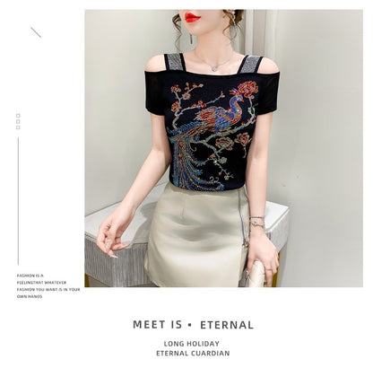 Summer New Fashion Cartoon T-shirt Chic Hollow Out Hot Diamonds Tees Sexy Off Shoulder Short Sleeve Women's Tops Blouse