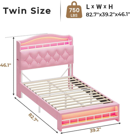 Cama de Solteiro com Estrutura de LED, Cama Plataforma Estofada em Veludo Princesa para Meninas, Cabeceira com Estação de Carregamento