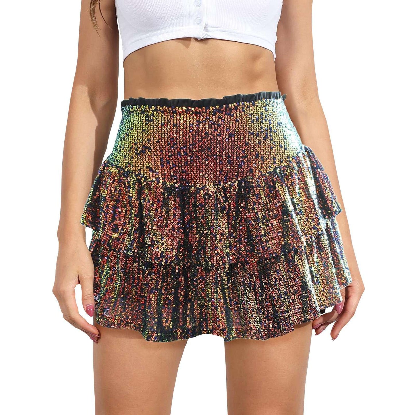 Women's Fashion Short Skirt Solid Pleated High Waist Skirts Classic Sequins Dance Party Sexy All-Match Skirts Plus Size L-3XL