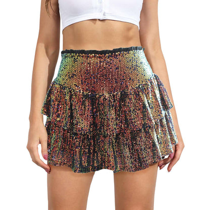 Women's Fashion Short Skirt Solid Pleated High Waist Skirts Classic Sequins Dance Party Sexy All-Match Skirts Plus Size L-3XL
