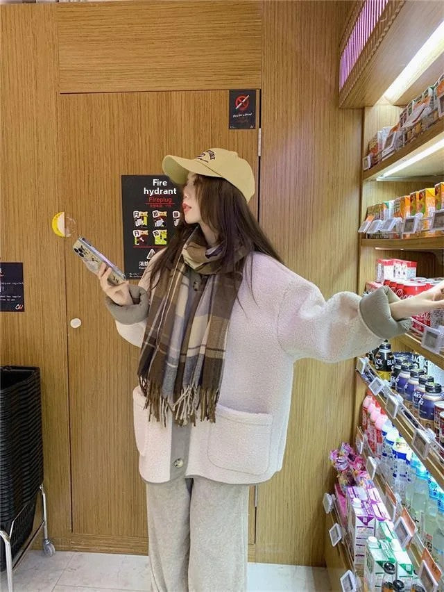 2024 Winter New Women's Lamb Wool Jacket Petite Loose-Fit Thickened Integrated Deer Skin Fleece Medium-Length Korean Style