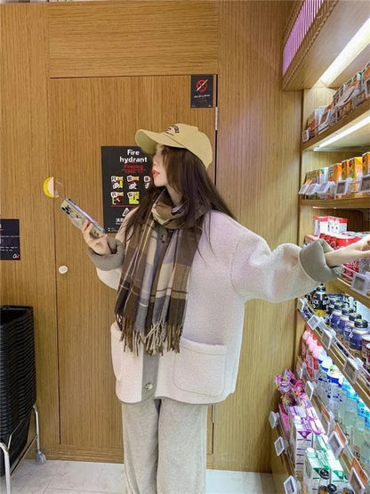 2024 Winter New Women's Lamb Wool Jacket Petite Loose-Fit Thickened Integrated Deer Skin Fleece Medium-Length Korean Style