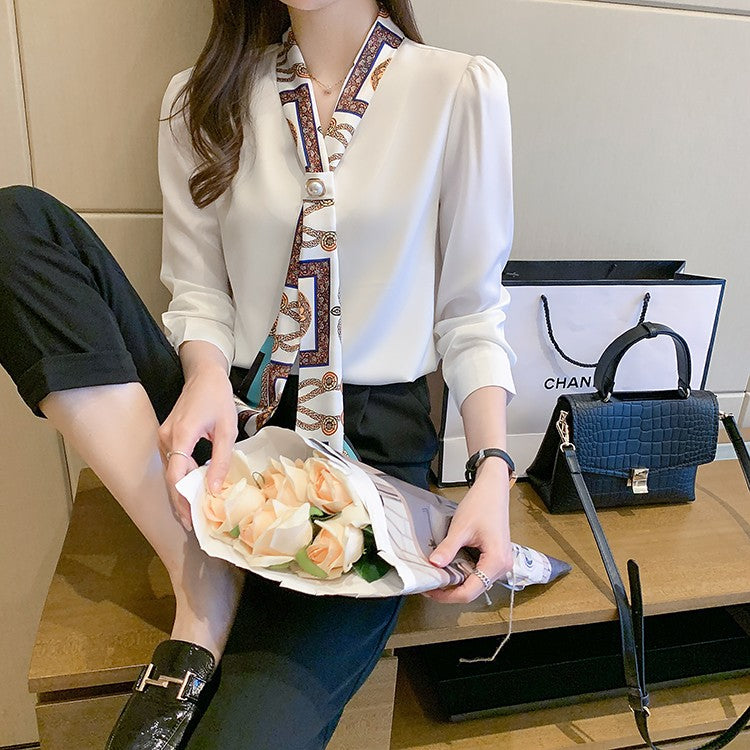 H Han Queen Spring Chiffon Simple Office Lady Blouse Female Shirt Bow Tops Long Sleeve Casual Korean OL Loose Blouses Women
