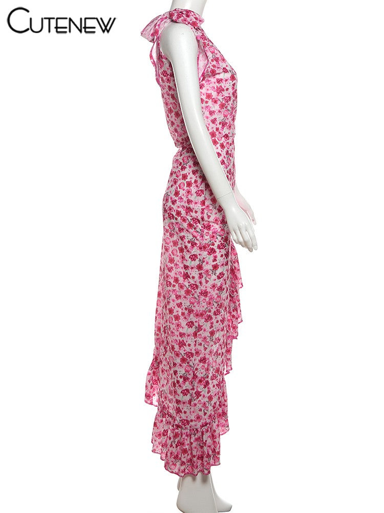 Cutenew Floral Print Women Midi Dresses Fashion Incline Shoulder Bandage Ruffle