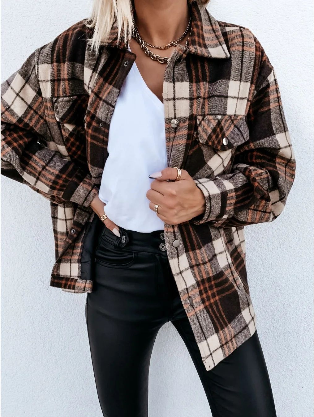 Warm Plaid Long Sleeve Shirt Jacket Autumn Winter Women's Polo Collar Patchwork Decorative Button Detailing Chinese Origin
