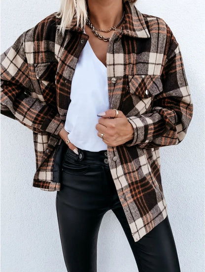 Warm Plaid Long Sleeve Shirt Jacket Autumn Winter Women's Polo Collar Patchwork Decorative Button Detailing Chinese Origin