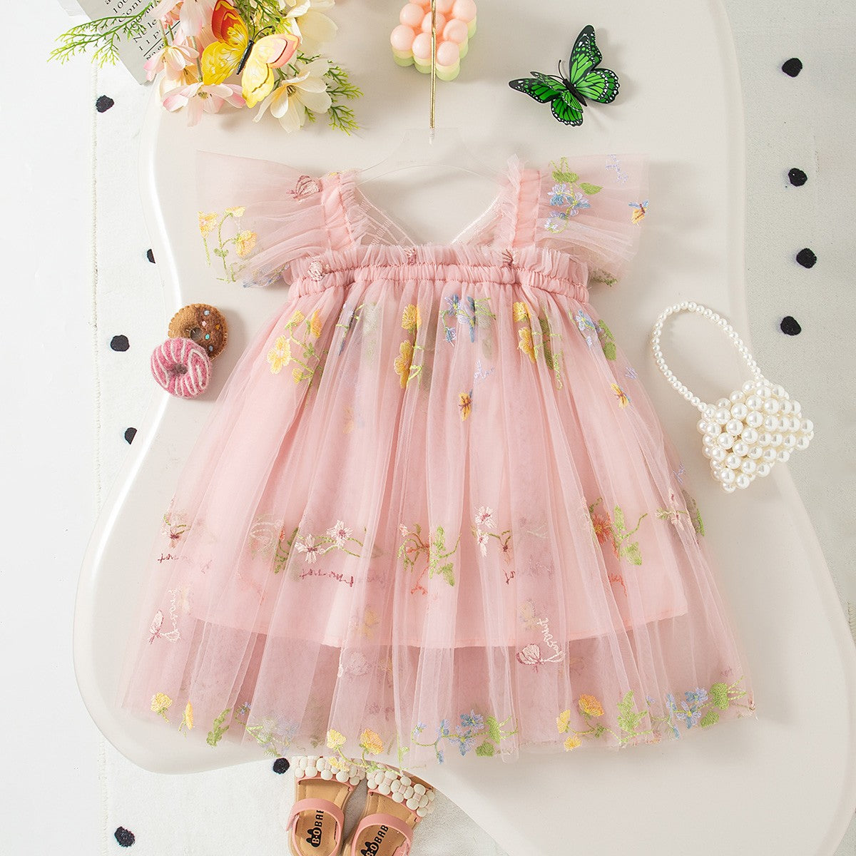 Summer New Sweet Butterfly Wing Baby Girl Princess Dress, Floral Chiffon Wedding Party Children'S Sleeveless Clothes (0-4 Years?