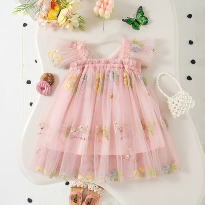Summer New Sweet Butterfly Wing Baby Girl Princess Dress, Floral Chiffon Wedding Party Children'S Sleeveless Clothes (0-4 Years?