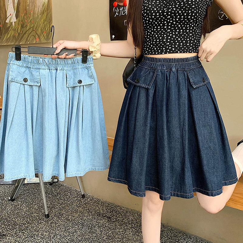 Casual Summer Plus Size Midi Denim Skirts Woman Preppy Loose A-line Ruffles Skirt With Shorts Elastic Waist Jeans Skirts Women