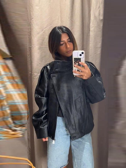 Faux Leather Stand Collar Bomber Jacket Women Locomotive Epaulet Slant Opening Ruched Coats Fashion Autumn Winter Lady Outerwear