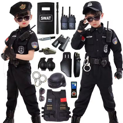 SWAT Children Halloween Policeman Cosplay Costumes Kids Carnival Police Uniform 110-160cm Boys Army Policemen Soldier 7 Pcs/Sets
