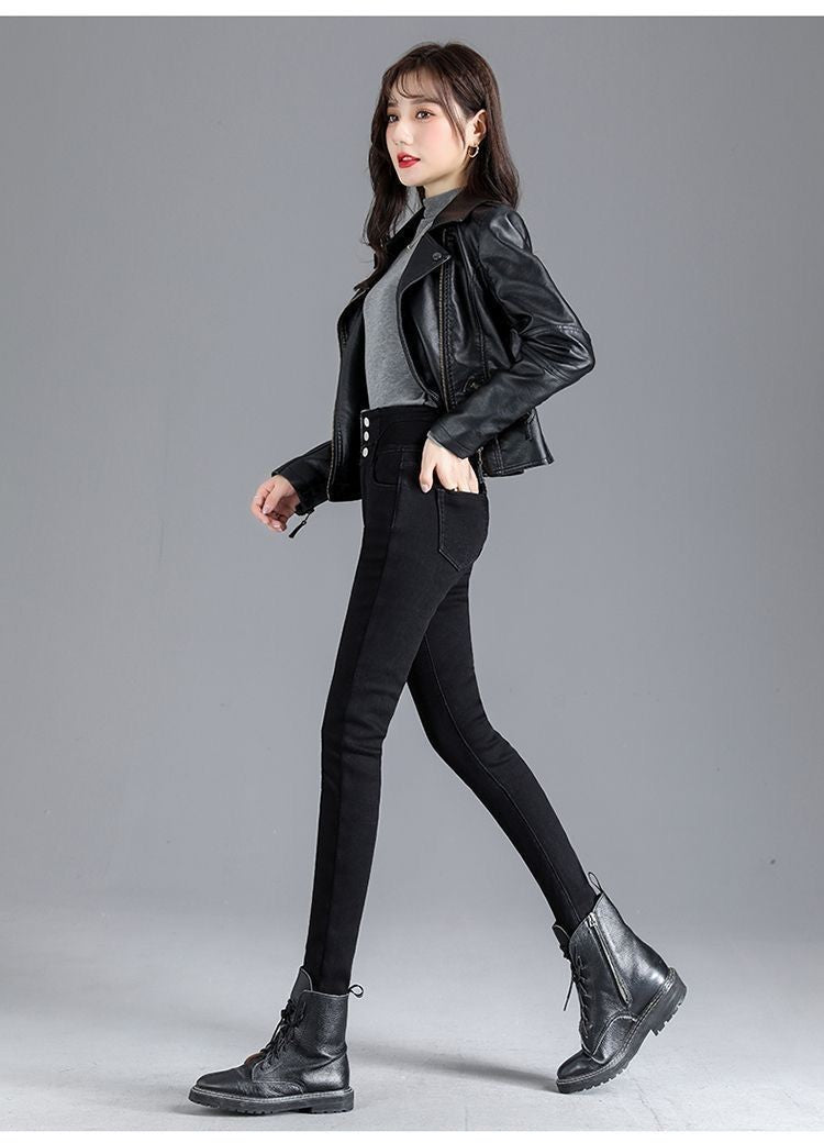 High Waist Slim Fit Fleece Lined Thickened Pencil Long Jeans Women's Autumn Winter New Style Fashionable And Elegant