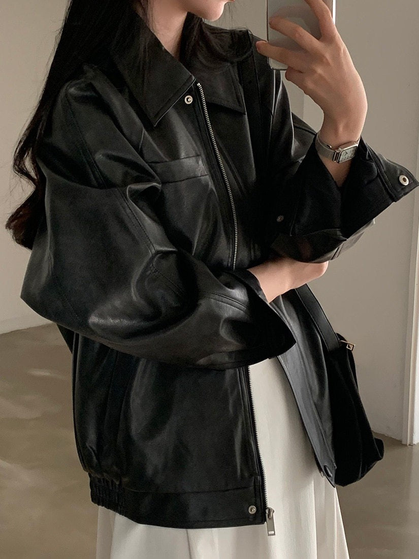 Sli Loose PU Leather Jaet Women's Chic Retro Collar Versatile BF Sle Motorcycle Clothes Trendy Long Sve Zipper