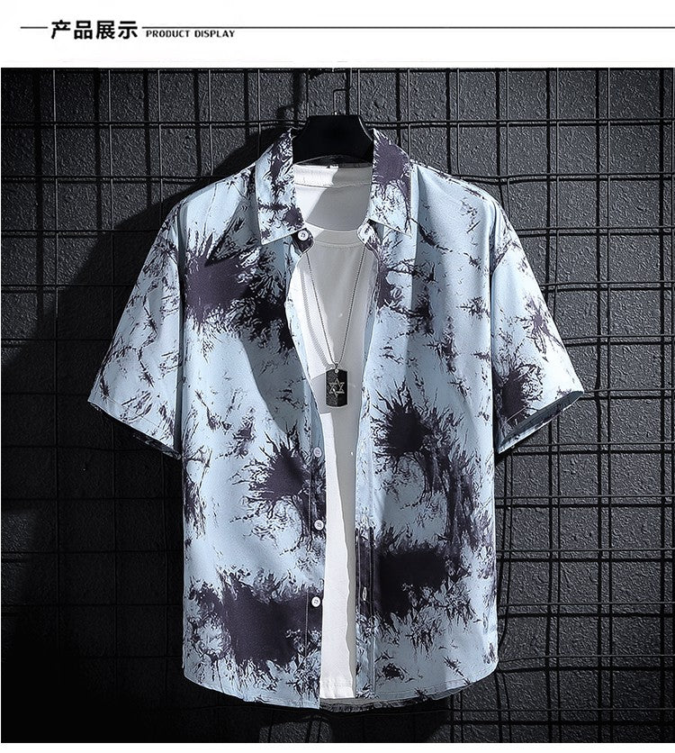 Men's Shirt Summer Casual Fashion Short Sleeve 3D Printed Denim Skull Gun Print Men's Hawaiian Lapel Single Breasted Shirt