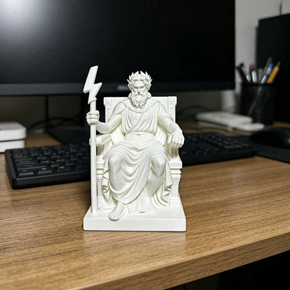 Greek God Zeus Statue on Throne, White 3D Print Sculpture, Ancient Greek Mythology Desktop Decor for Office Desk, Business Gift