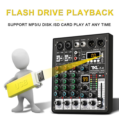 Mesa de áudio TKL 4 canais 99 DSP com alimentação fantasma 48V, mixers de som USB de estúdio, console de mixagem Bluetooth DJ para karaokê