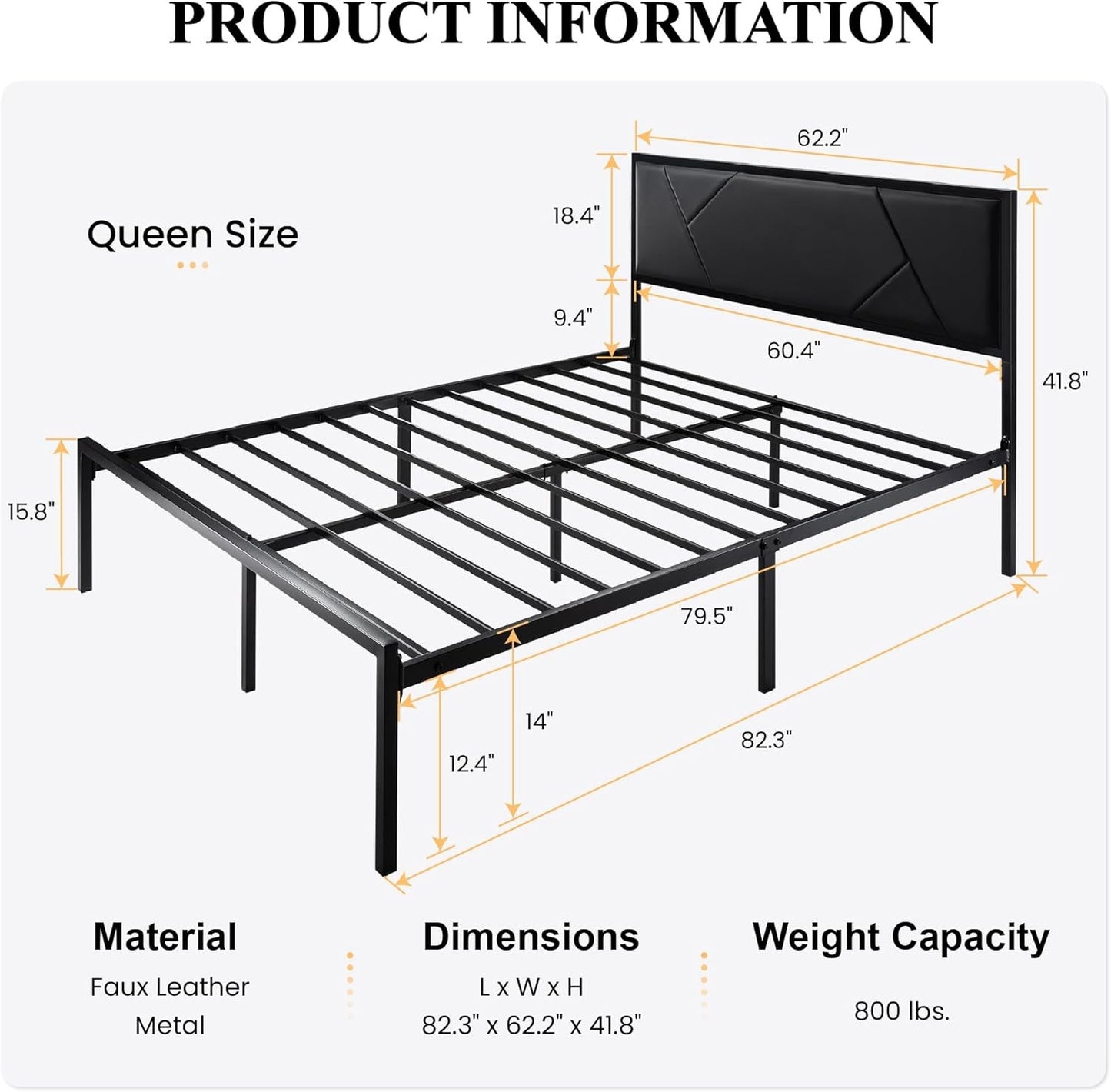 Estrutura de Cama Queen Size de Metal com Cabeceira Estofada em Couro, Design Geométrico Linear, Suporte Robusto de Estrados de Metal