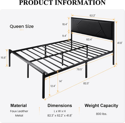 Estrutura de Cama Queen Size de Metal com Cabeceira Estofada em Couro, Design Geométrico Linear, Suporte Robusto de Estrados de Metal