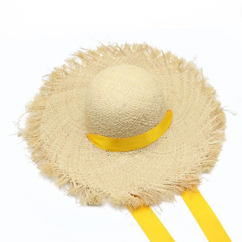 Chapéu de Palha de Ráfia Feminino, Chapéus de Sol de Verão, Fita da Moda para Meninas, 52cm, Infantil, Aba Larga, Proteção UV, Chapéus de Praia para Mulheres
