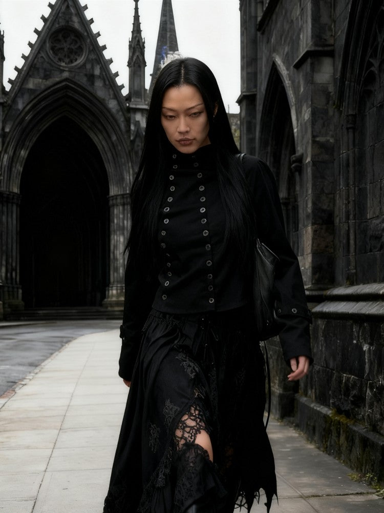 Women's Chic Buttons Cropped Shirt High Neck Solid Y2K Style Slim Fit Tops Grunge Streetwear Vintage Punk Fashion Causal Blouses