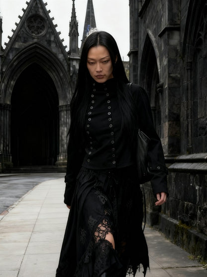 Women's Chic Buttons Cropped Shirt High Neck Solid Y2K Style Slim Fit Tops Grunge Streetwear Vintage Punk Fashion Causal Blouses