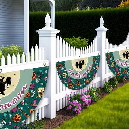 Halloween Fan Flag Spooky Halloween Bunting Flag Set for Outdoor Yard Decor Skull Ghost Pumpkin Banner for Porch Fence Kitchen