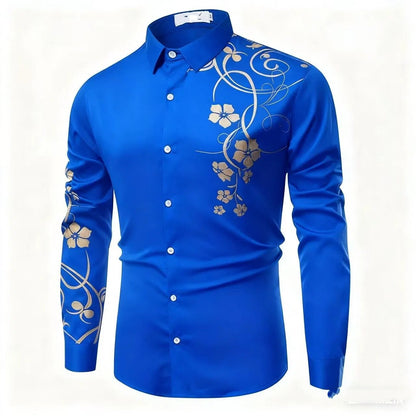 2025 Luxury Gold Flower European and American Popular Printed Long Sleeve Shirt for Luxury Parties Wearing Button Up Top