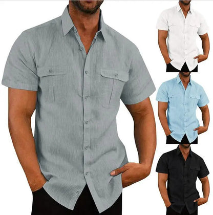 Cotton Linen Hot Sale Men's Short-Sleeved Shirts Summer Solid Color Turn-down collar Casual Beach Style Plus Size