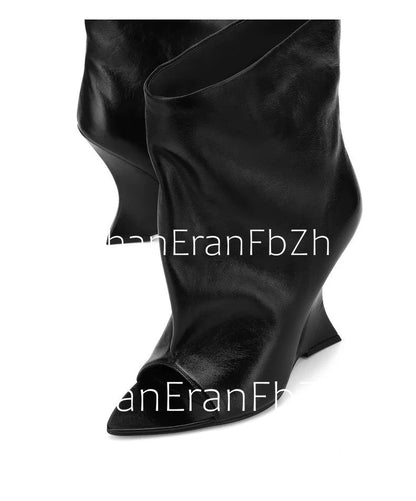 2025Ladies' Spring and Summer New Fish Mouth Slope High Heel Knee Boots, Fashionable Pointed Fashion Show Medium Cool Boots