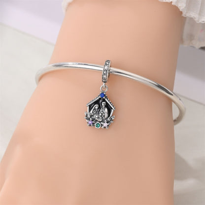 Pingente de Prata Esterlina 925 Nossa Senhora e Menino Jesus Presépio Clássico para Pulseiras de Berloques Originais Joias Femininas Presente DIY