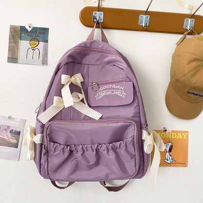 Mochila com Laço Fofo Bordado com Letras de Nylon para Escola Grande Capacidade Zíperes Duplos Alças Ajustáveis Volta às Aulas