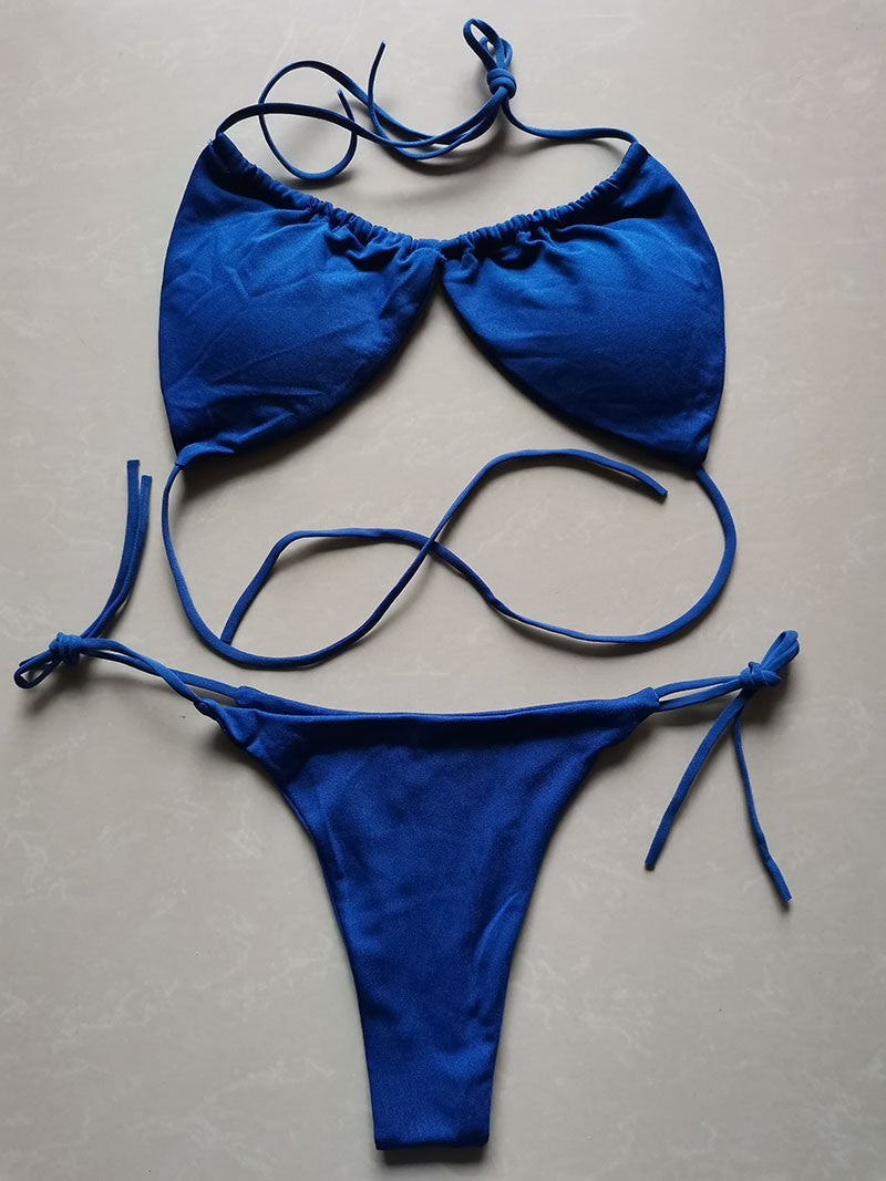 Summer Sexy Bikini set Push-up padded Bra Thong Split Swimwear Female Bandage Bathing Suit Adjustable Lacing Swimsuit Solid