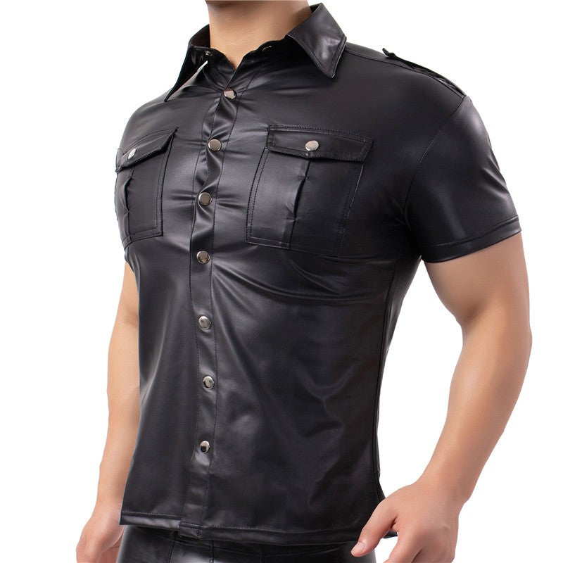 Mens Shirts Faux Leather T Shirts Nightclub Stage Costumes Short Sleeve Button Up Shirt PU Leather Latex Wetlook Dance Clubwear