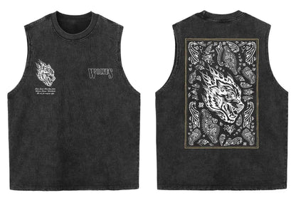 2025 summer American vintage Washed men's T shirt Wolf Head Print Tank Top Gym Fitness Sleeveless T shirt Exercise Vest Women